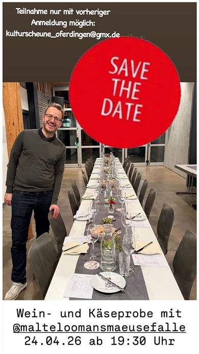 Wein- und Käseprobe am 24. April 2026 in der Kulturscheune Oferdingen Wein- und Käseprobe am 24. April 2026 in der Kulturscheune Oferdingen
