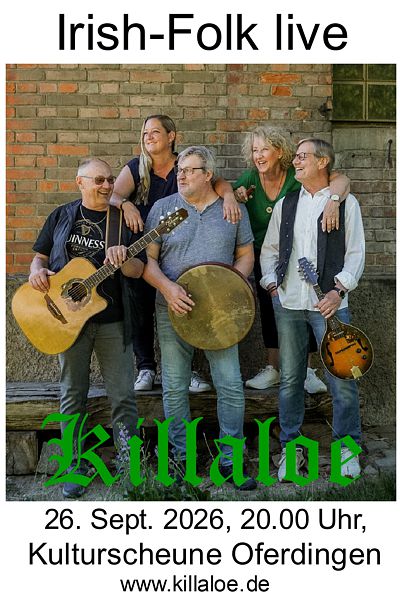 Irish-Folk mit Killaloe am 26. September 2026 in der Kulturscheune Oferdingen